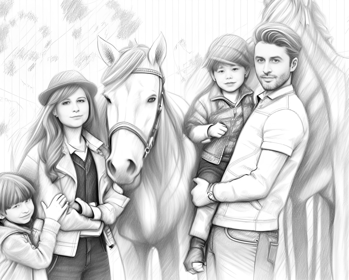 pencil sketch drawing of a family next to a horse from a reference photo, created by generative AI app