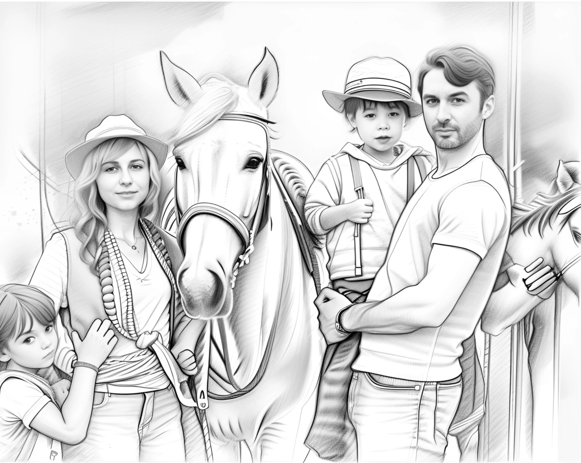 Dessin de croquis au crayon d'une famille à côté de Horse, créé à partir d'une photo de référence par Generative Ai similaire à MidJourney et Chatgpt