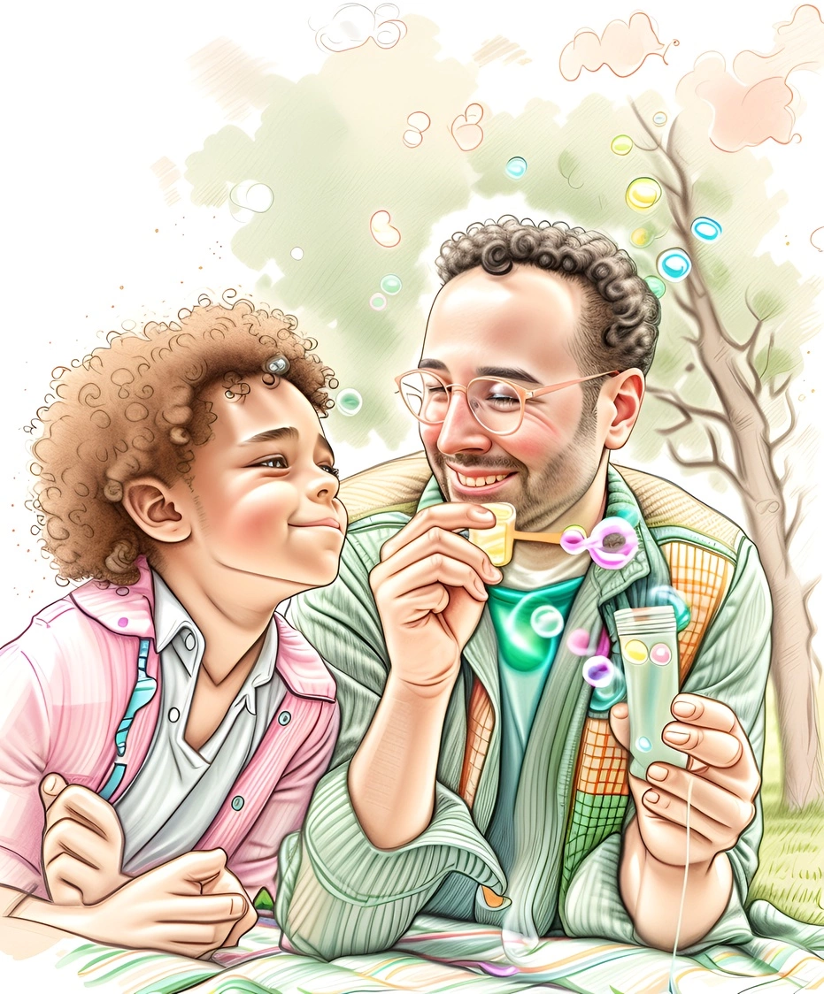 Comic drawing of a father and daughter blowing bubbles, created from a reference photo by generative AI similar as MidJourney and ChatGPT