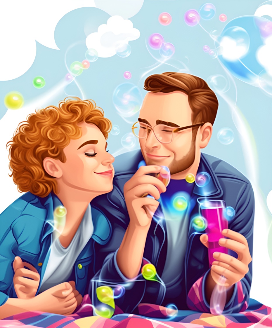 Cartoon drawing of a father and daughter blowing bubbles, created from a reference photo by generative AI similar as MidJourney and ChatGPT