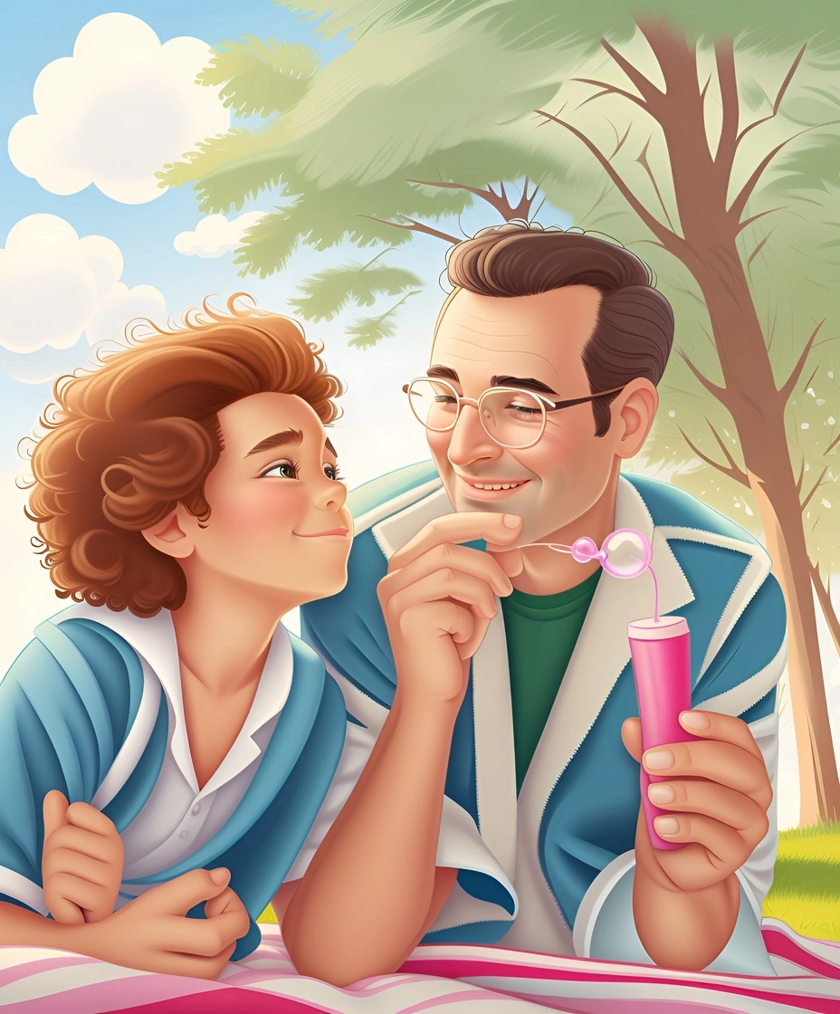 Cartoon drawing of a father and daughter blowing bubbles, created from a reference photo by generative AI similar as MidJourney and ChatGPT