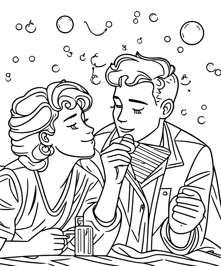 Coloring page of a father and daughter blowing bubbles, created from a reference photo by generative AI similar as MidJourney and ChatGPT