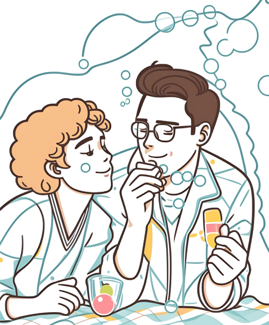 Line art of a father and daughter blowing bubbles, created from a reference photo by generative AI similar as MidJourney and ChatGPT
