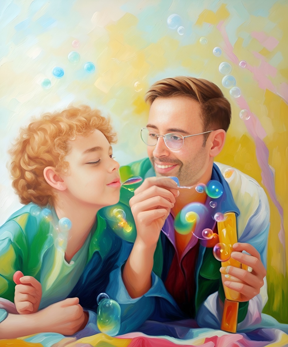 Oil painting of a father and daughter blowing bubbles, created from a reference photo by generative AI similar as MidJourney and ChatGPT