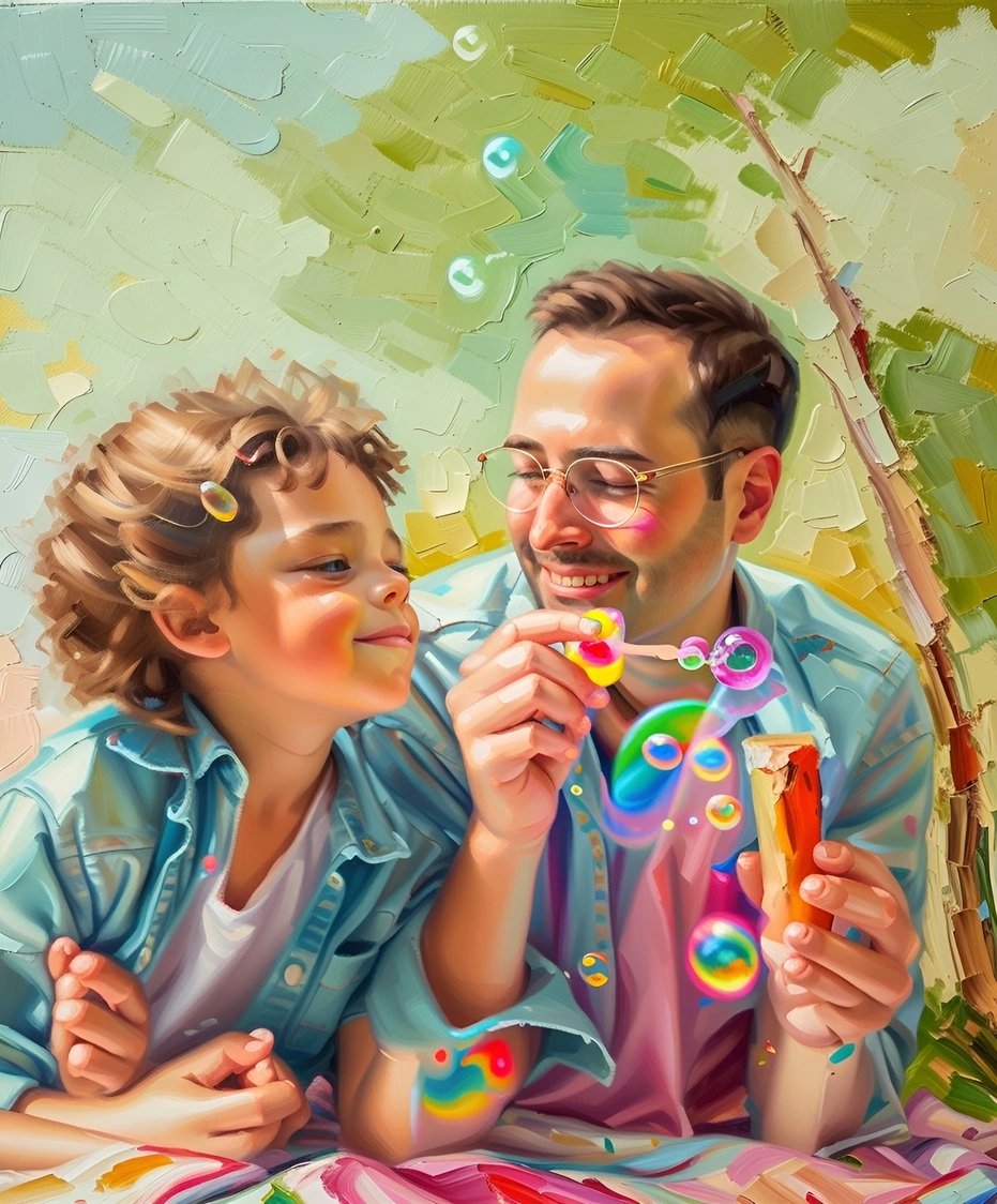 Oil painting of a father and daughter blowing bubbles, created from a reference photo by generative AI similar as MidJourney and ChatGPT