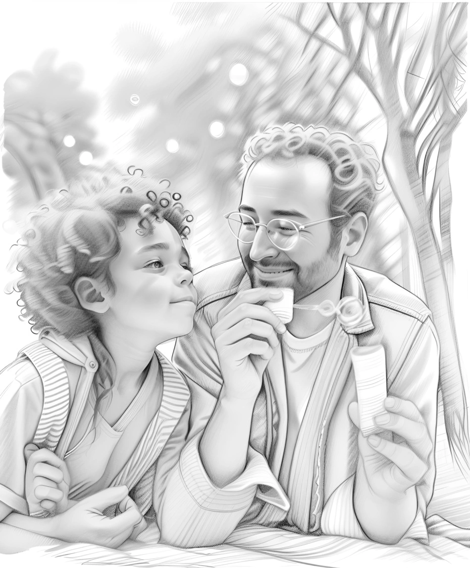 Sculpture of a father and daughter blowing bubbles, created from a reference photo by generative AI similar as MidJourney and ChatGPT