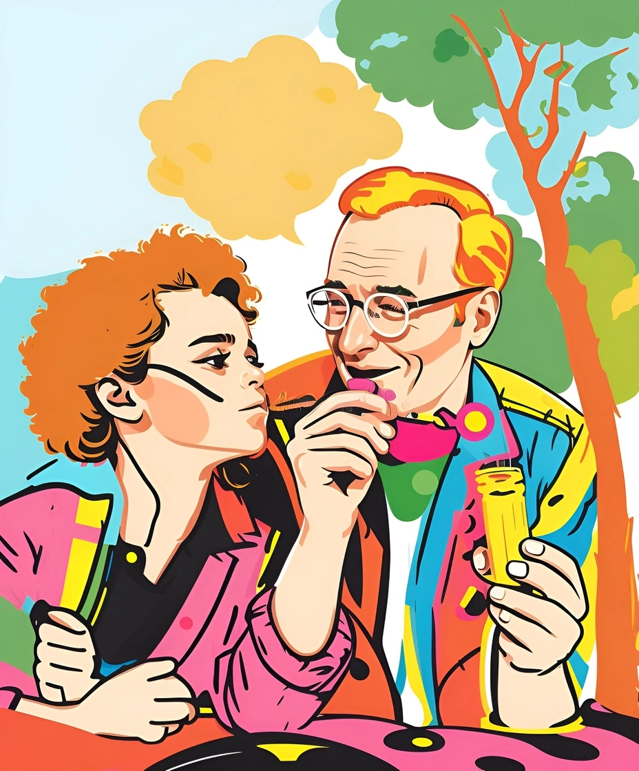 Pop art of a a father and daughter blowing bubles, created from a reference photo by generative AI similar as MidJourney and ChatGPT