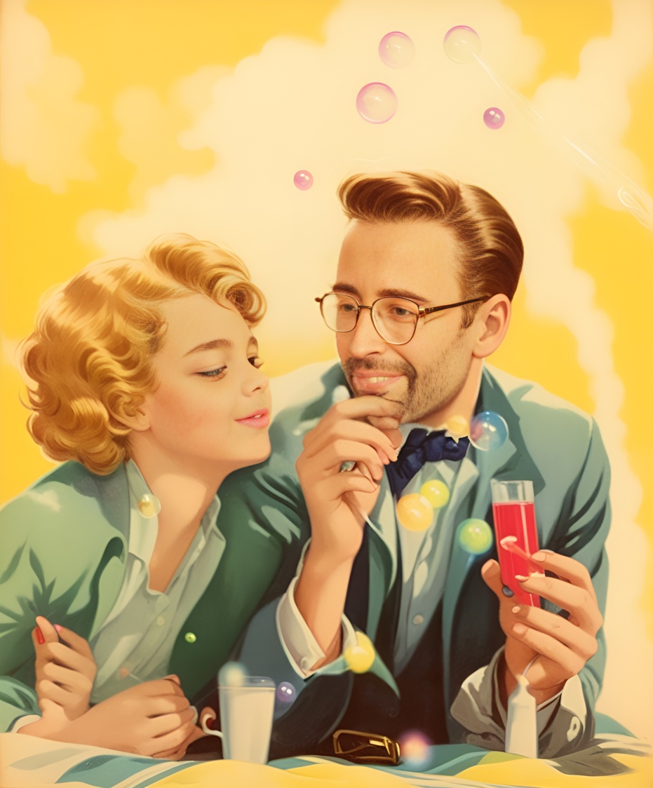 Vintage painting of a father and daughter blowing bubbles, created from a reference photo by generative AI similar as MidJourney and ChatGPT