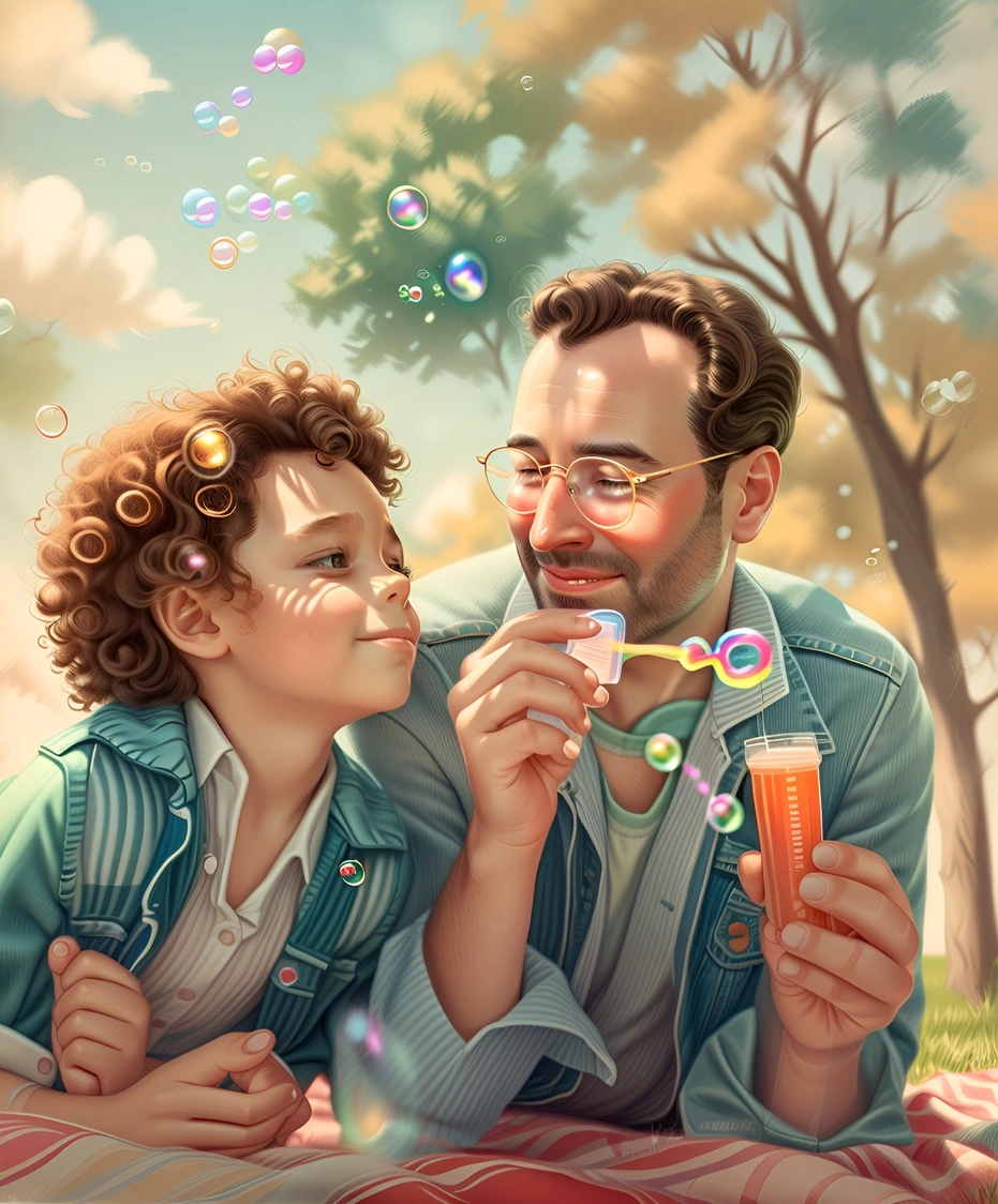 Vintage painting of a father and daughter blowing bubbles, created from a reference photo by generative AI similar as MidJourney and ChatGPT