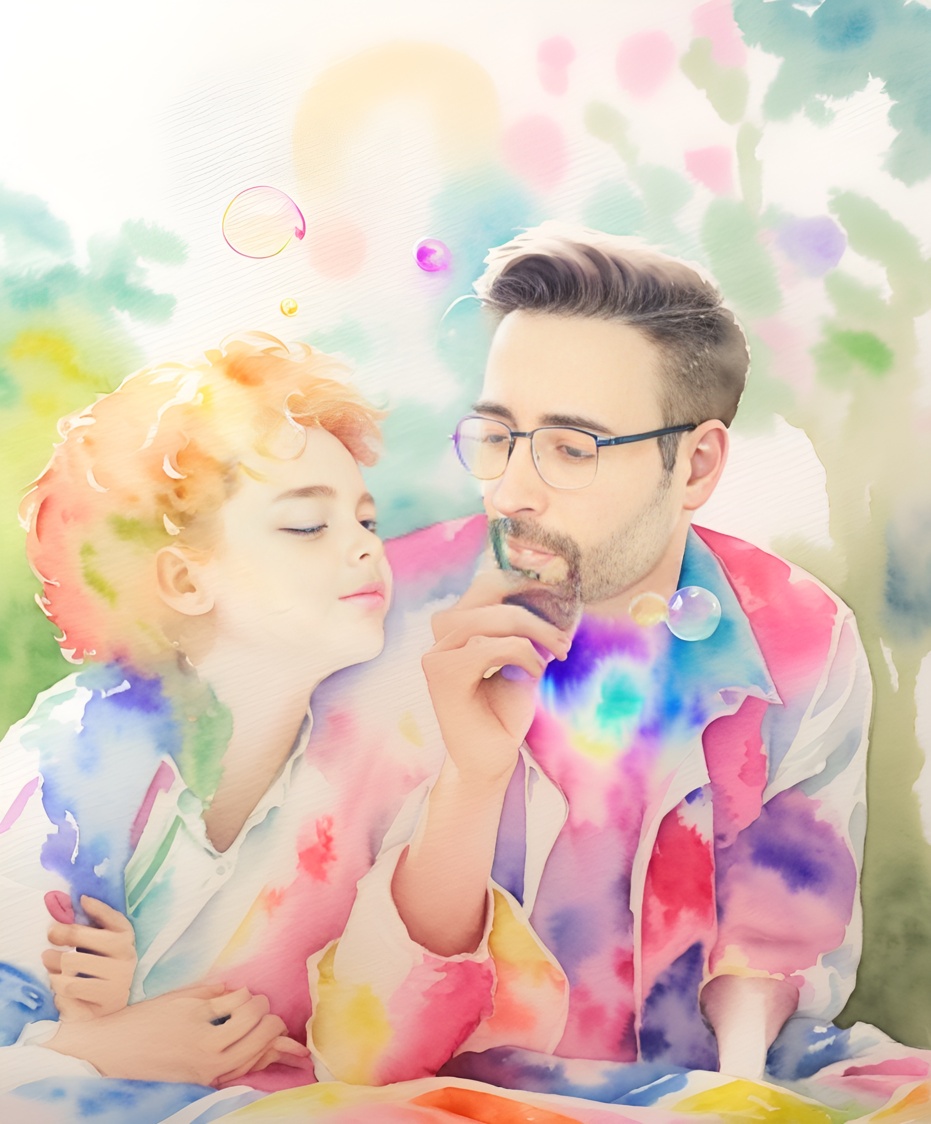 Watercolor painting of a father and daughter blowing bubbles, created from a reference photo by generative AI similar as MidJourney and ChatGPT