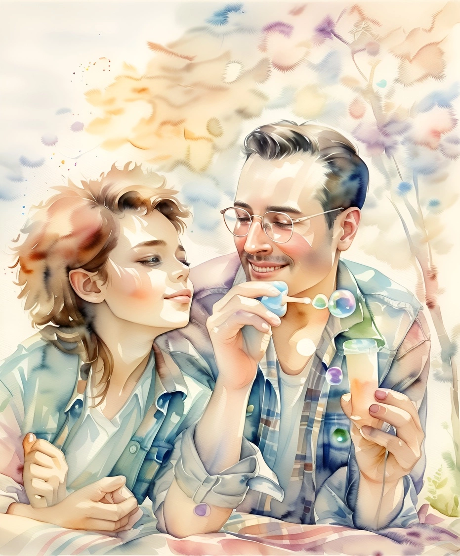 Watercolor painting of a father and daughter blowing bubbles, created from a reference photo by generative AI similar as MidJourney and ChatGPT