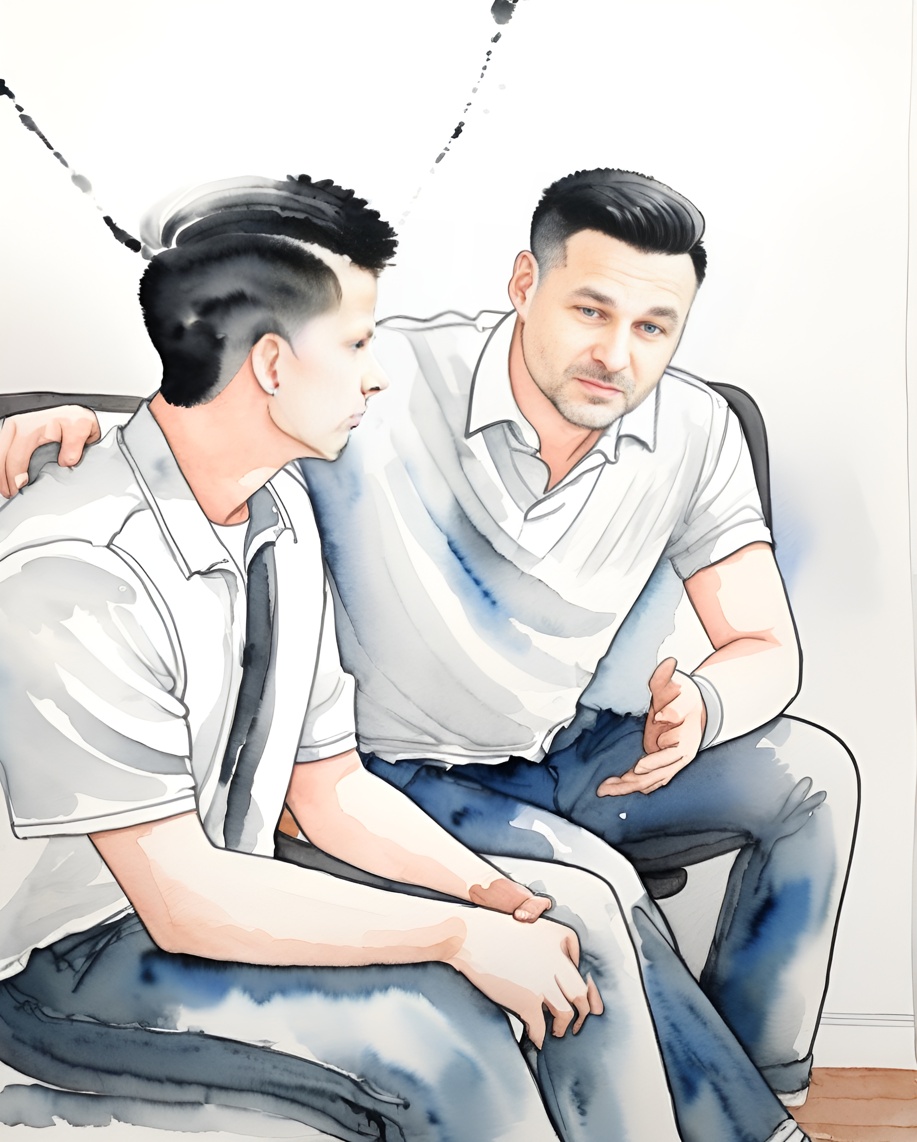 Chinese traditional painting of a father and son, created from a reference photo by generative AI similar as MidJourney and ChatGPT