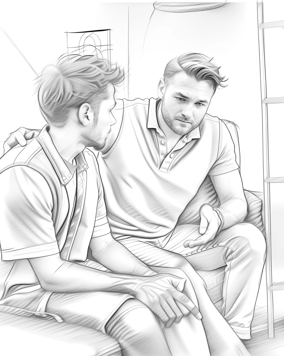 Line art picture of a father and son, created from a reference photo by generative AI similar as MidJourney and ChatGPT