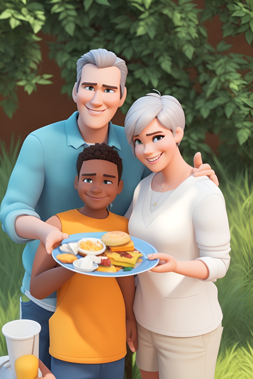 3D Cartoon drawing of a family, created from a reference photo by generative AI similar as MidJourney and ChatGPT