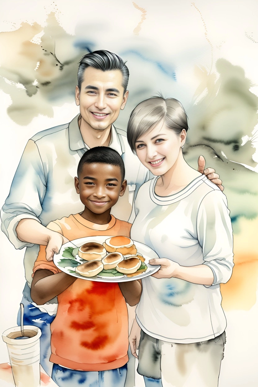 Chinese traditional painting of a family holding a plate together, created from a reference photo by generative AI similar as MidJourney and ChatGPT