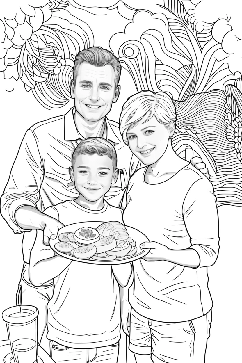 Disegno di schizzo di una famiglia da una foto di riferimento, creata da PortraitArt App