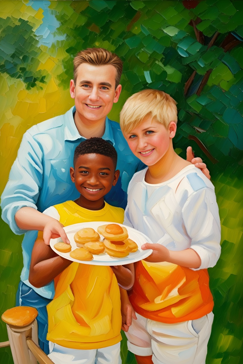 Oil painting of a family holding a plate together, created from a reference photo by generative AI similar as MidJourney and ChatGPT