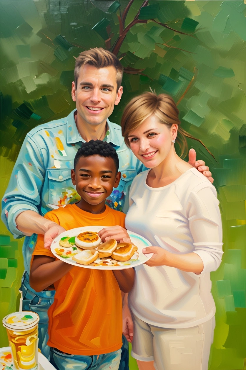 Oil painting of a family holding a plate together, created from a reference photo by generative AI similar as MidJourney and ChatGPT