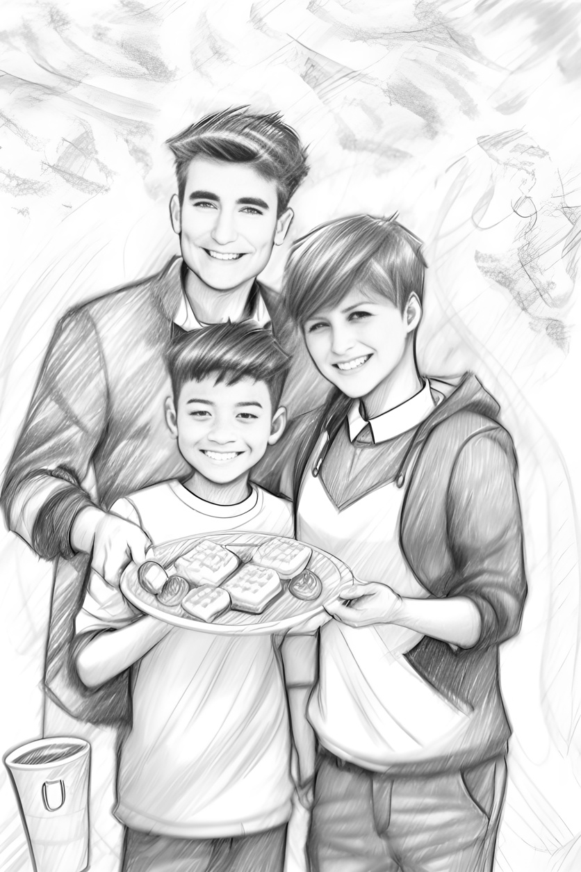 Pencil sketch of a family holding a plate together, created from a reference photo by generative AI similar as MidJourney and ChatGPT