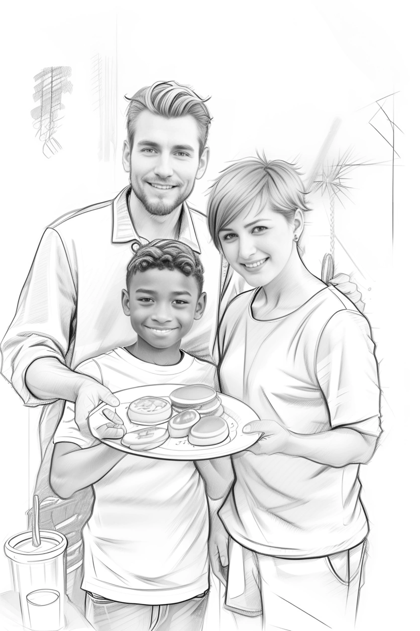 Sketch au crayon d'une famille tenant une assiette ensemble, créée à partir d'une photo de référence par Generative Ai similaire à MidJourney et Chatgpt