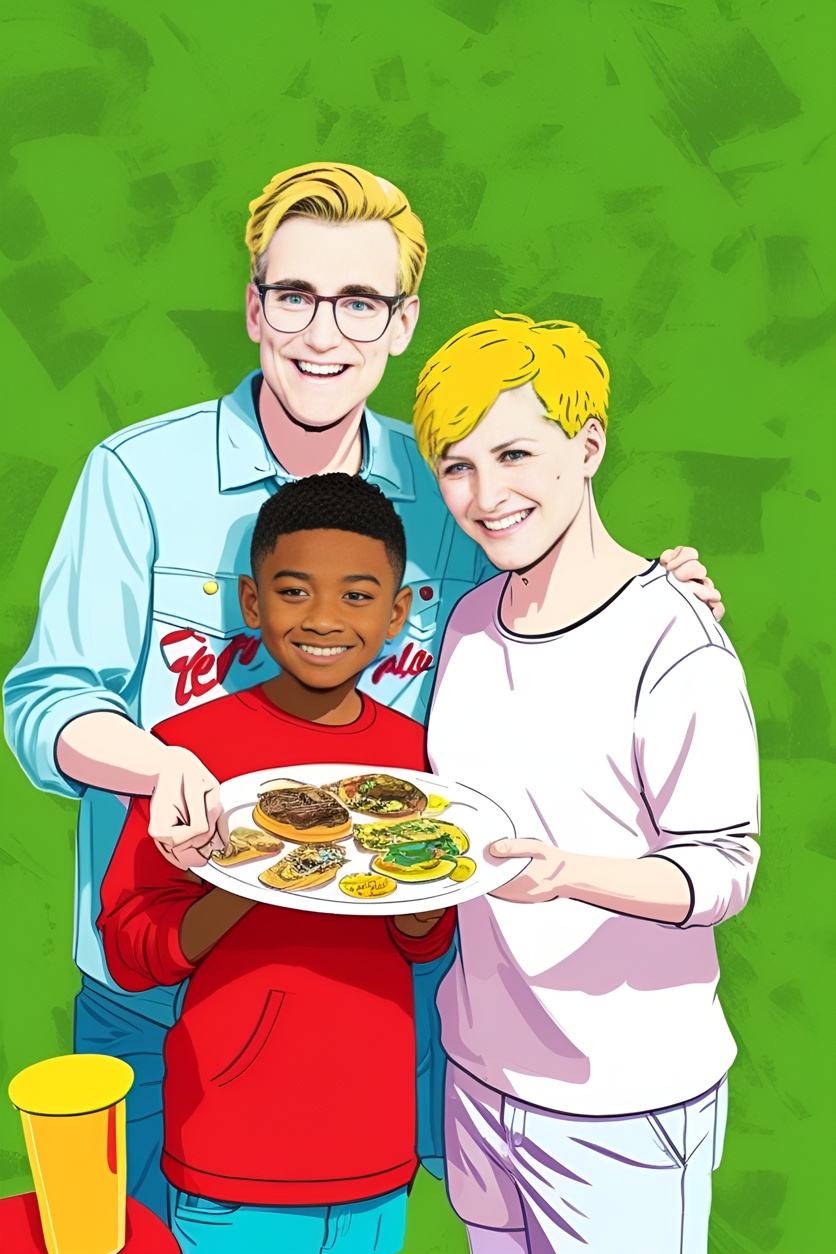 Pop art picture of a family holding a plate together, created from a reference photo by generative AI similar as MidJourney and ChatGPT