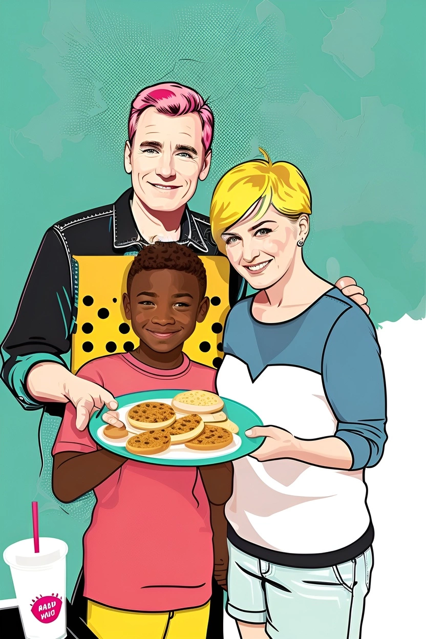 Pop art picture of a family holding a plate together, created from a reference photo by generative AI similar as MidJourney and ChatGPT