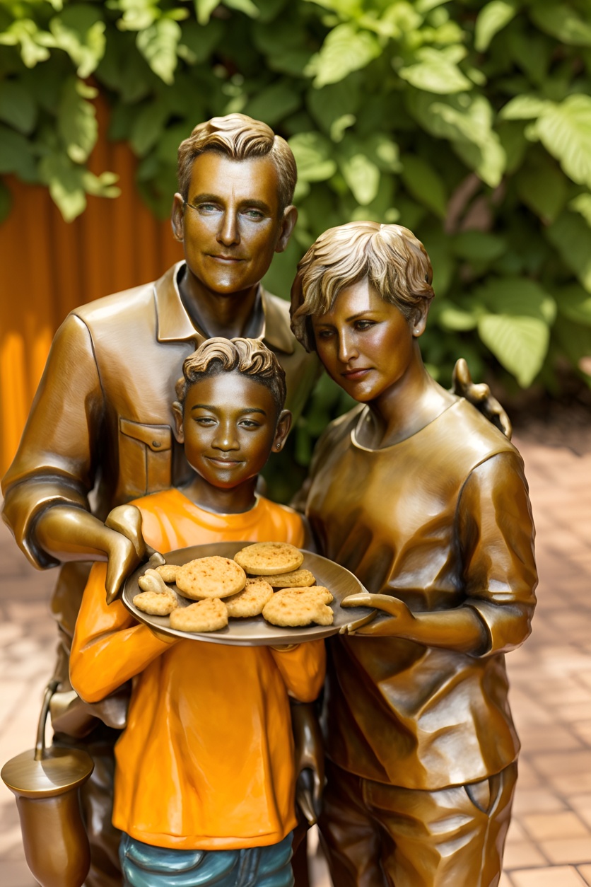 Sculpture of a family holding a plate together, created from a reference photo by generative AI similar as MidJourney and ChatGPT