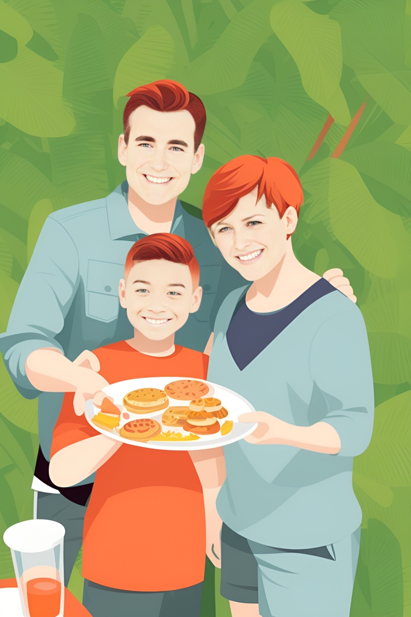 Vector art picture of family holding a plate together, created from a reference photo by generative AI similar as MidJourney and ChatGPT