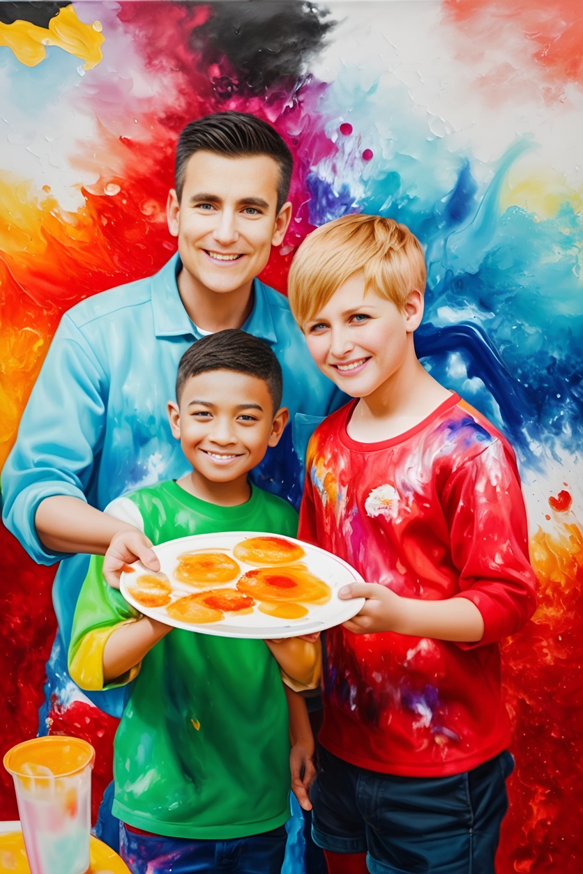 Vibrant painting of a family holding a plate together, created from a reference photo by generative AI similar as MidJourney and ChatGPT