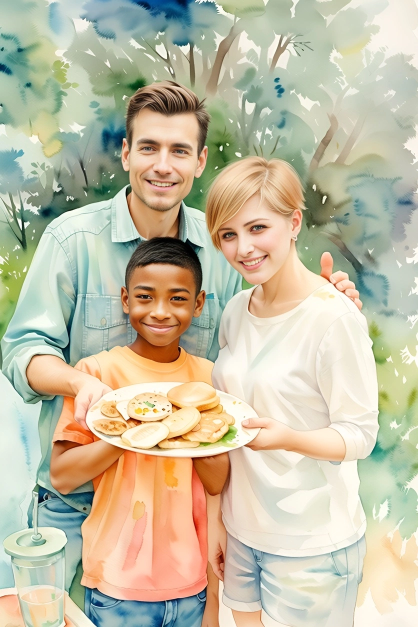 Watercolor painting of a family holding a plate together, created from a reference photo by generative AI similar as MidJourney and ChatGPT