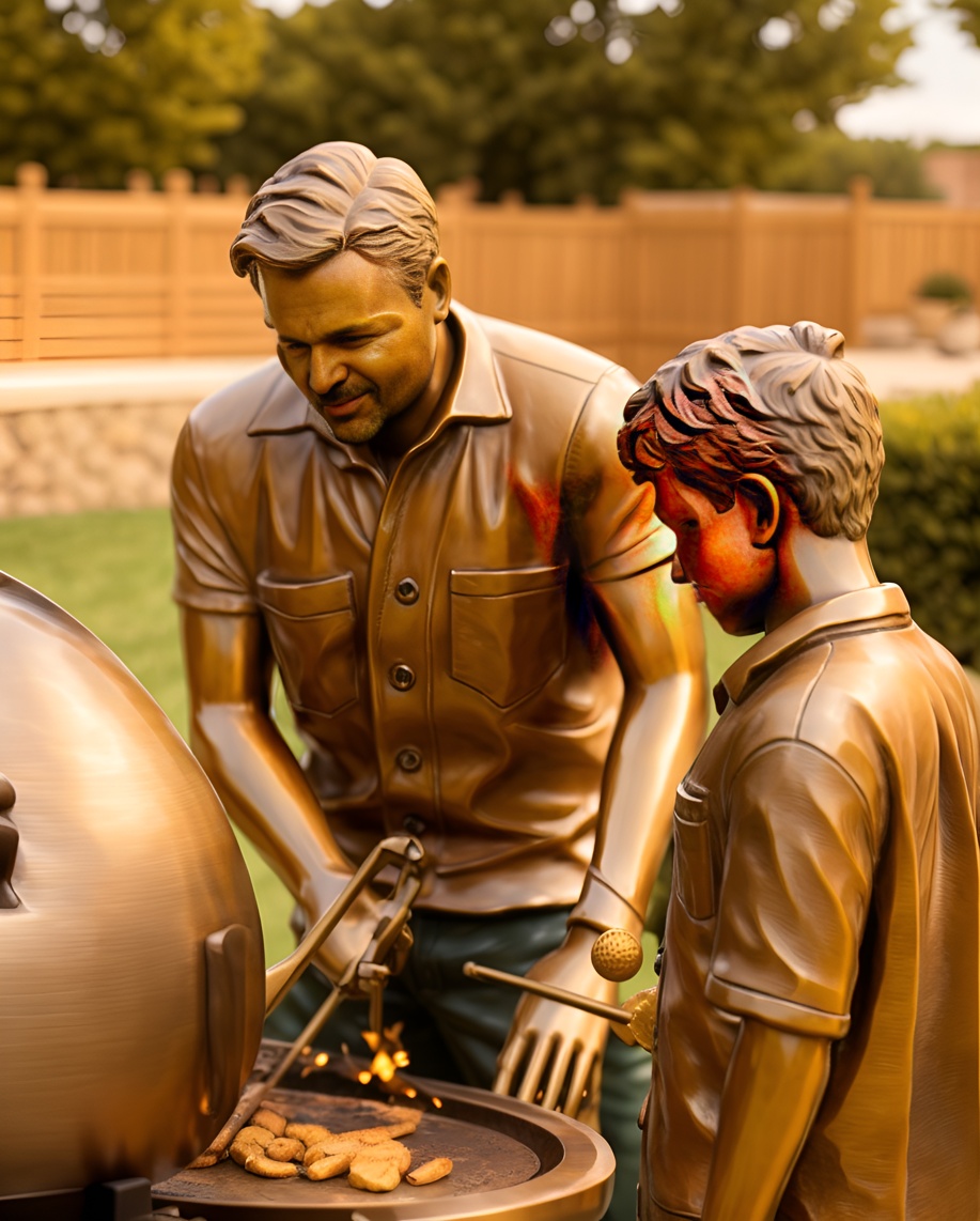 Sculpture of a father and son cooking BBQ in yard, created from a reference photo by generative AI similar as MidJourney and ChatGPT