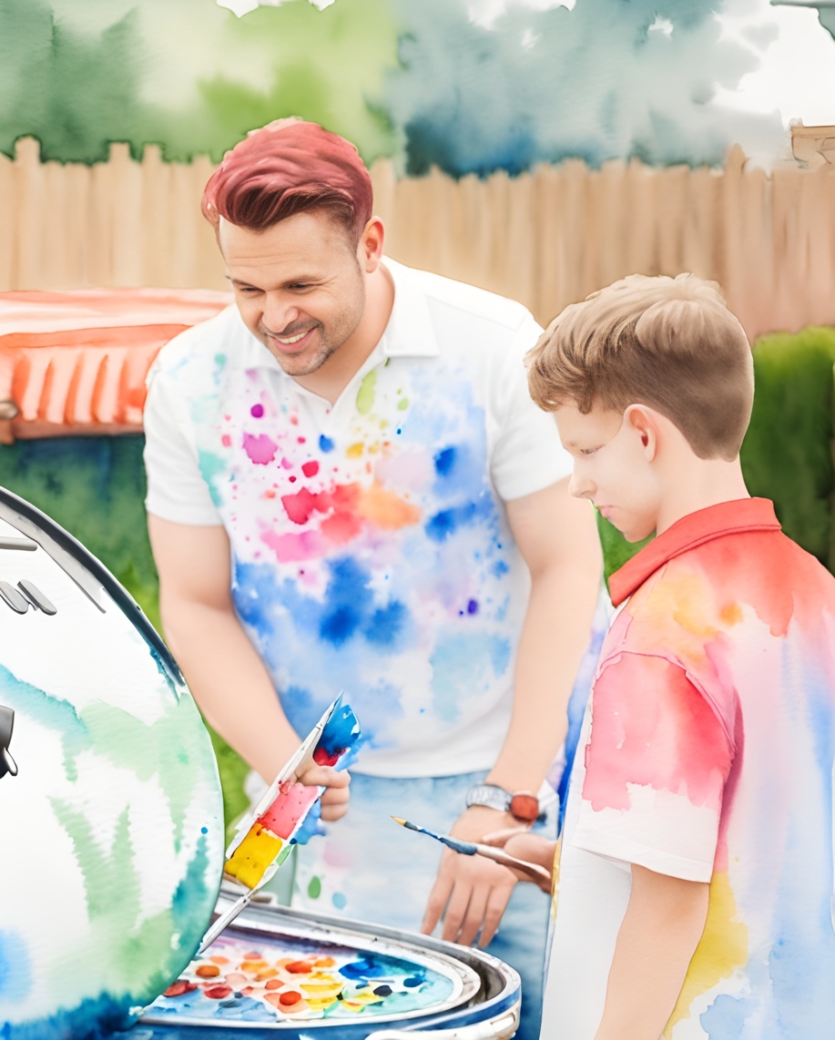 Watercolor painting of a father and son cooking BBQ in yard, created from a reference photo by generative AI similar as MidJourney and ChatGPT