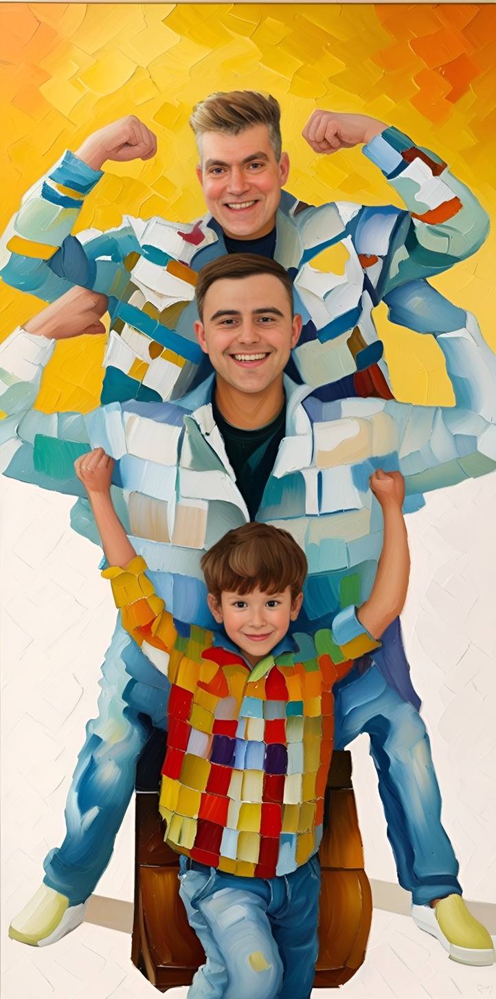 Oil painting of three generations of father and son, created from a reference photo by generative AI similar as MidJourney and ChatGPT