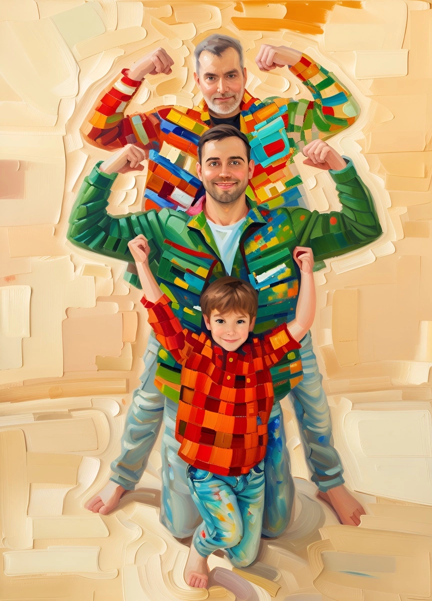 oil painting of three generations of father and son, created from a reference photo by generative AI similar as MidJourney and ChatGPT