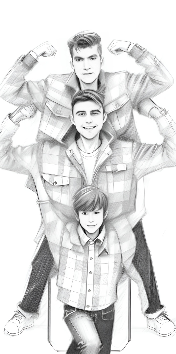 Pencil sketch drawing of three generations of father and son, created from a reference photo by generative AI similar as MidJourney and ChatGPT