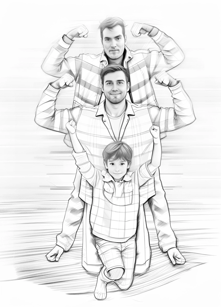 pencil sketch drawing of three generations of father and son, created from a reference photo by generative AI similar as MidJourney and ChatGPT