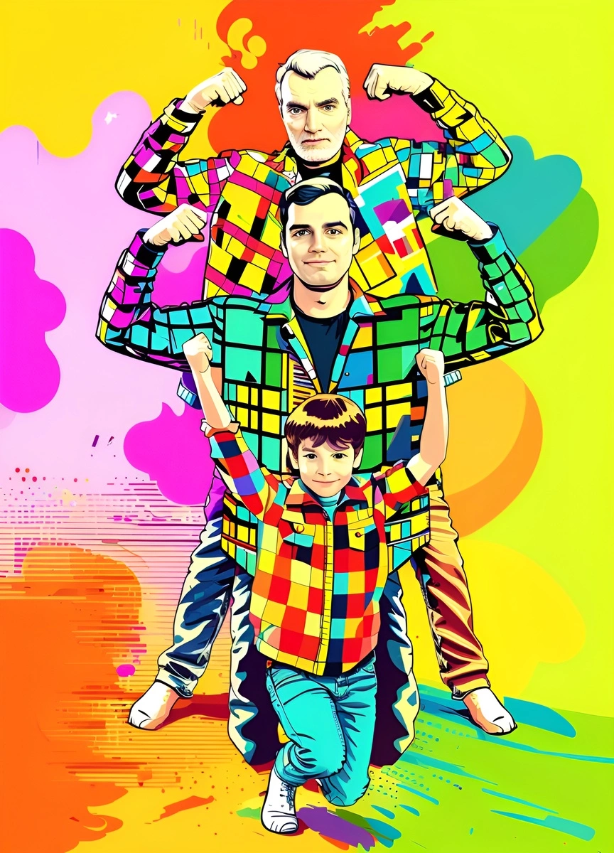 Pop art drawing of three generations of father and son, created from a reference photo by generative AI similar as MidJourney and ChatGPT