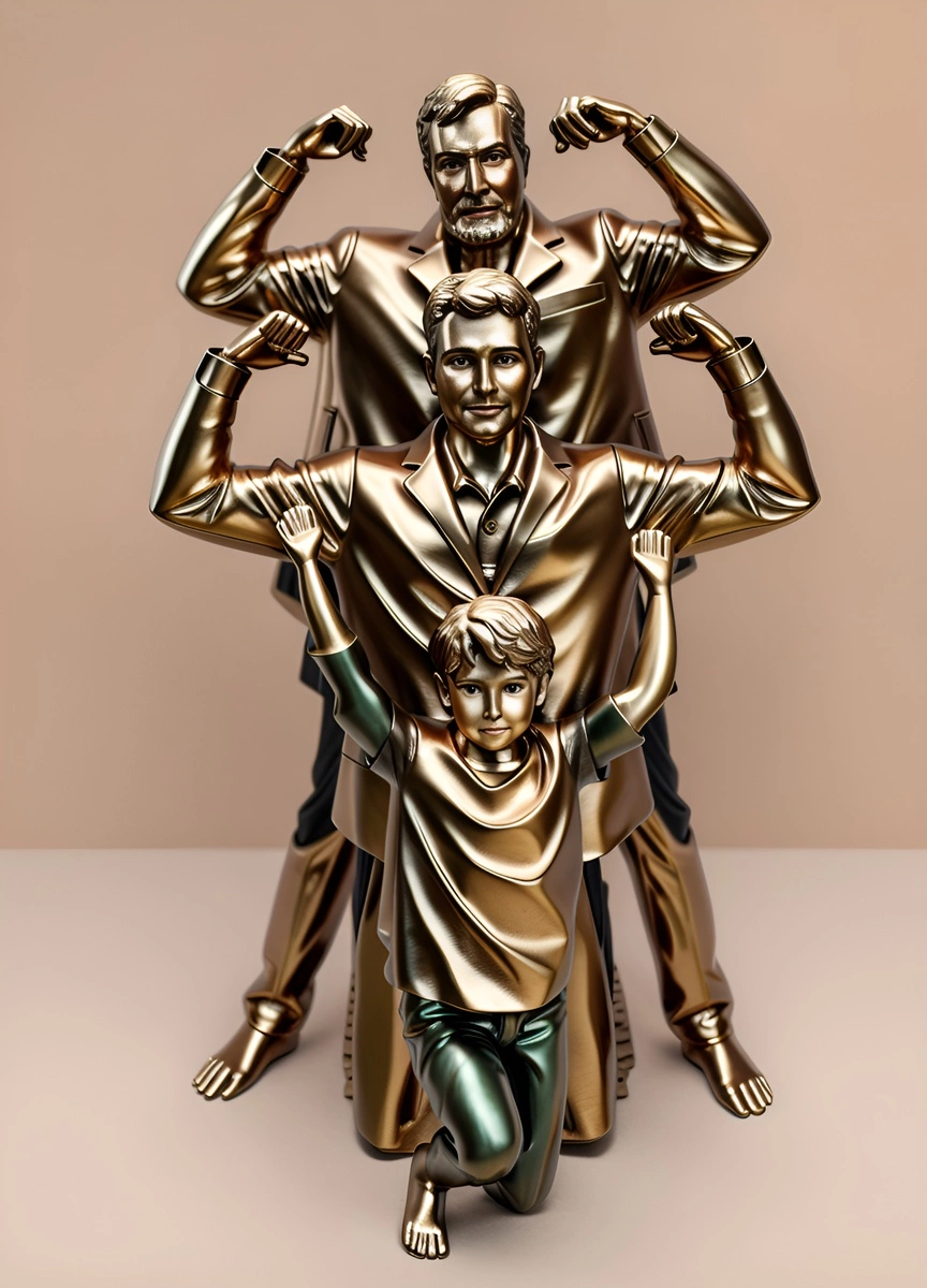 Skulptur von drei Generationen von Vater und Sohn, erstellt aus einem Referenzfoto von generativen AI ähnlich wie Midjourney und Chatgpt