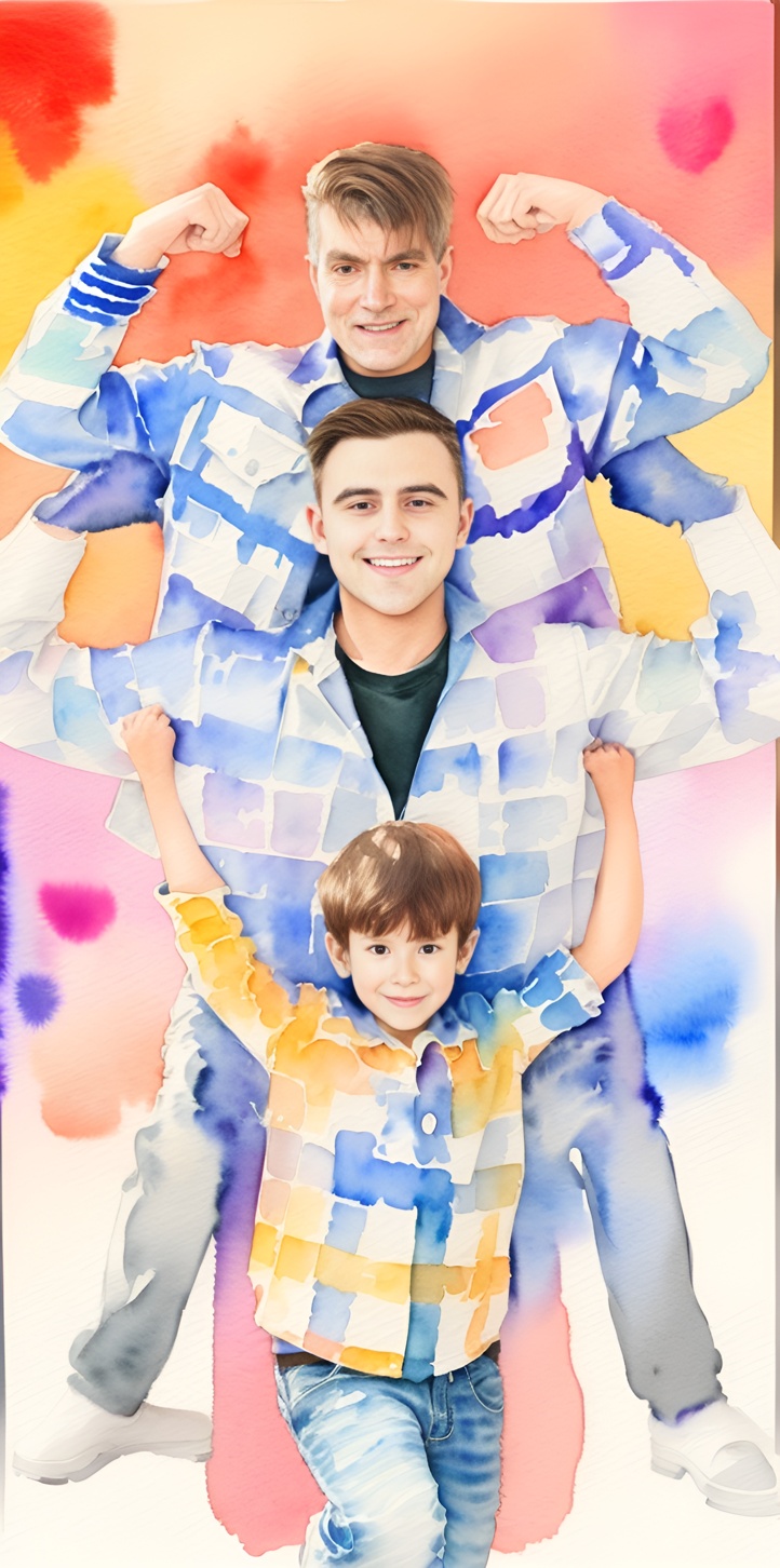 Watercolor painting of three generations of father and son, created from a reference photo by generative AI similar as MidJourney and ChatGPT