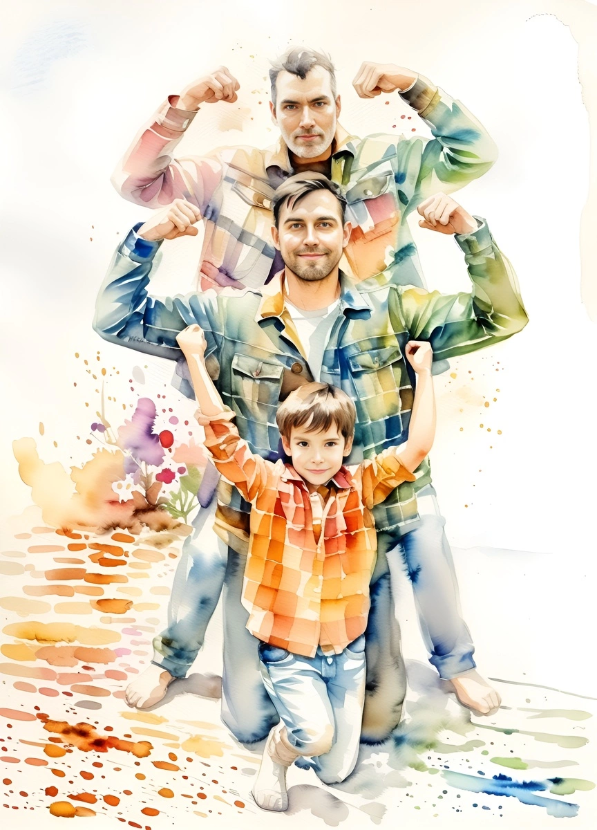 Watercolor painting of three generations of father and son, created from a reference photo by generative AI similar as MidJourney and ChatGPT