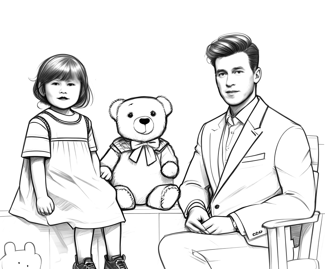 Line sketch drawing of a father and daughter, created from an old photo by generative AI similar as MidJourney and ChatGPT