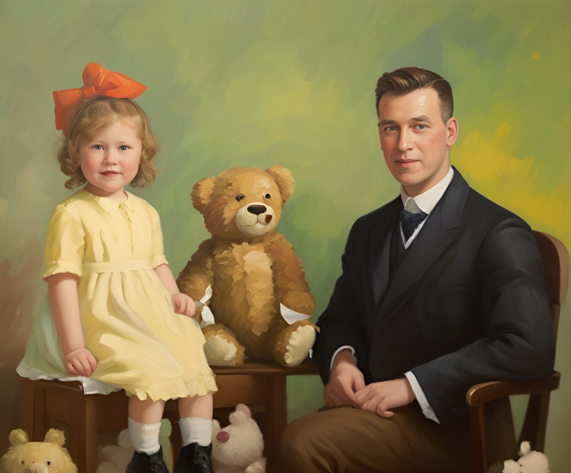 Oil painting of father and daughter, created from an old photo by generative AI similar as MidJourney and ChatGPT