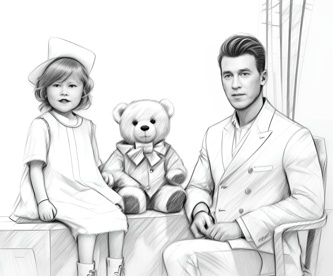 pencil sketch drawing of a family, created from a reference photo with generative AI similar as midjourney