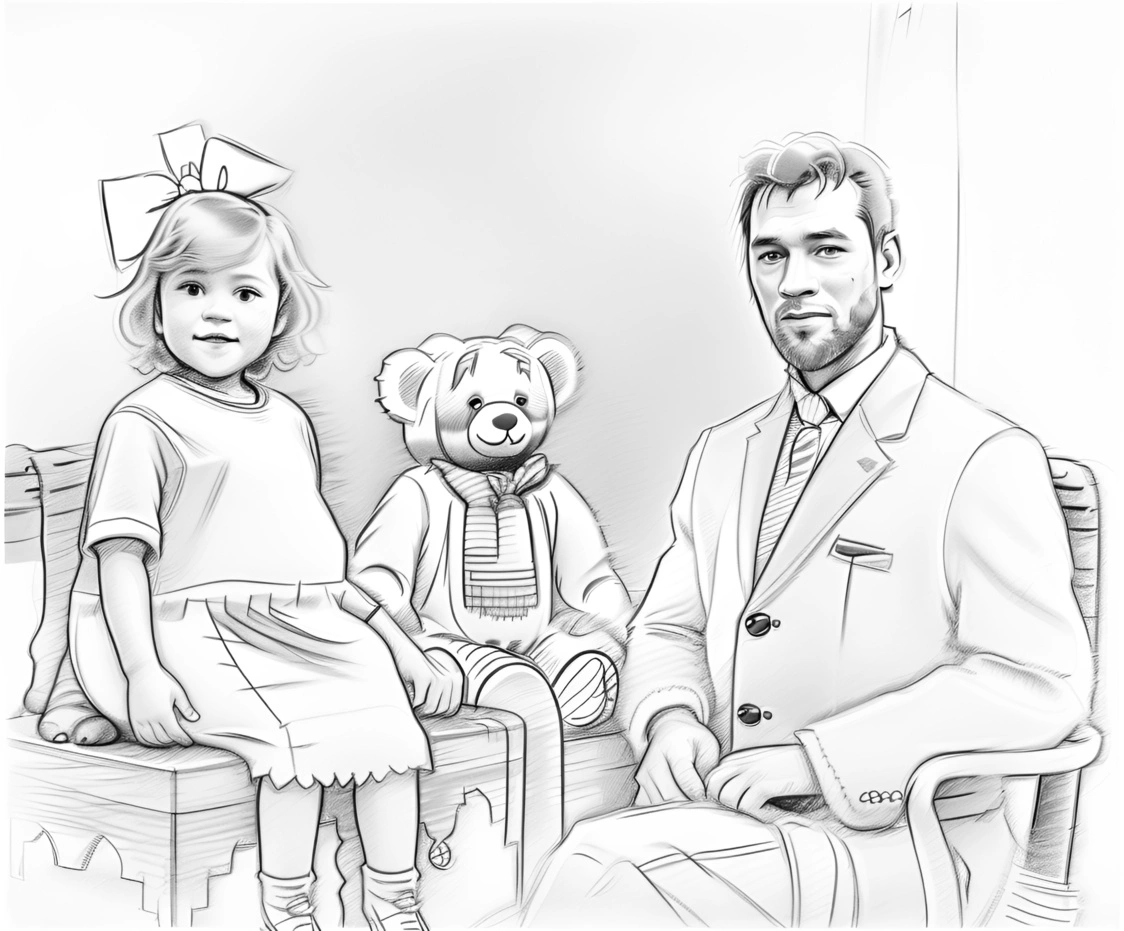 Pencil sketch drawing of a father and daughter, created from an old photo by generative AI similar as MidJourney and ChatGPT