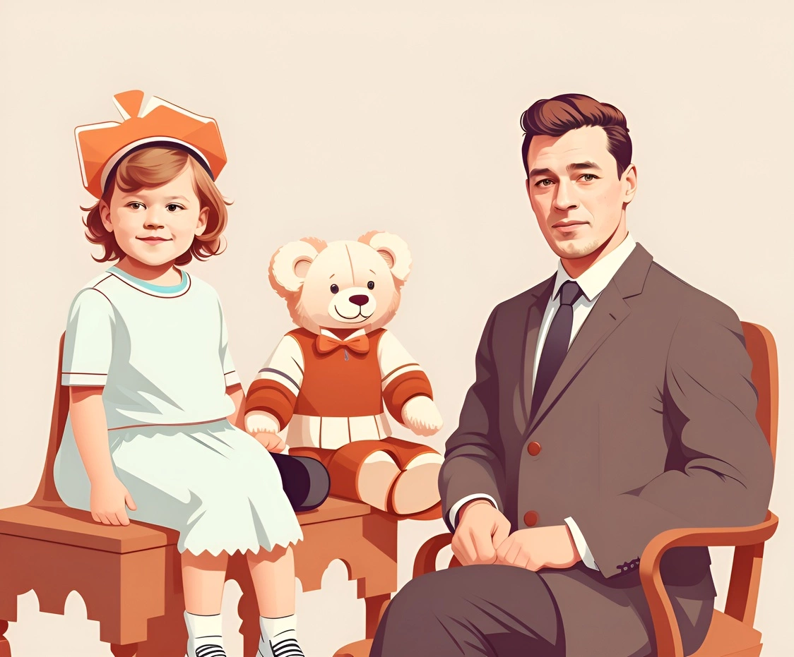 A vector art drawing of a father and daughter, created from a reference photo by generative AI similar as MidJourney and ChatGPT