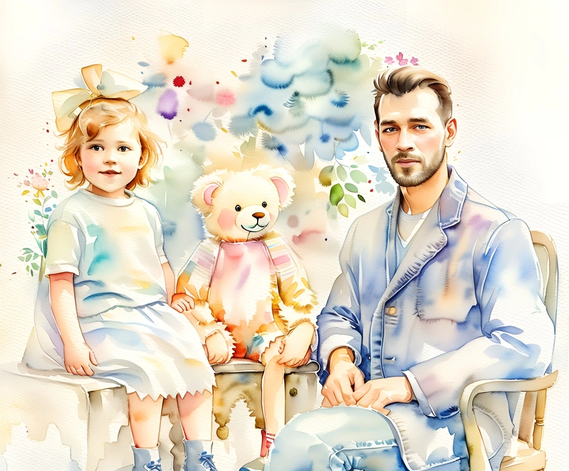 Aquarelle peinture d'un père et d'une fille, créée à partir d'une vieille photo de Générative Ai similaire que MidJourney et Chatgpt