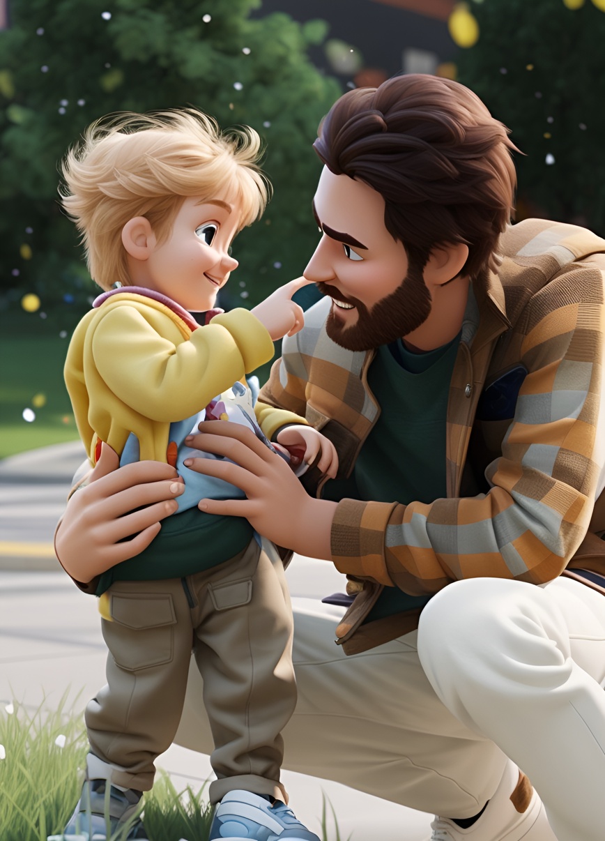 3D Cartoon of a father and toddler, created from a reference photo by generative AI similar as MidJourney and ChatGPT
