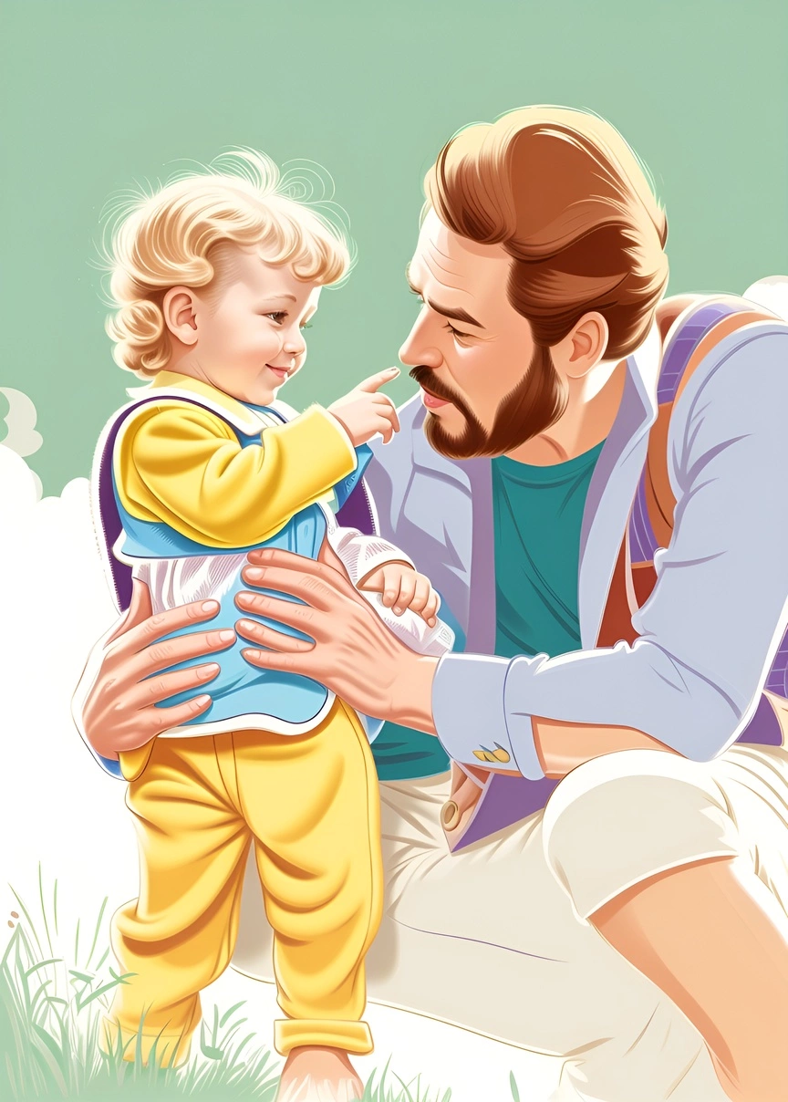 Cartoon drawing of a father and son, created from a reference photo by generative AI similar as MidJourney and ChatGPT