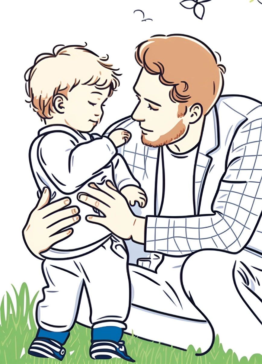 Line Art Picture of a Father and Toddler Son, creata da una foto di riferimento da AI generativa simile a Midjourney e Chatgpt