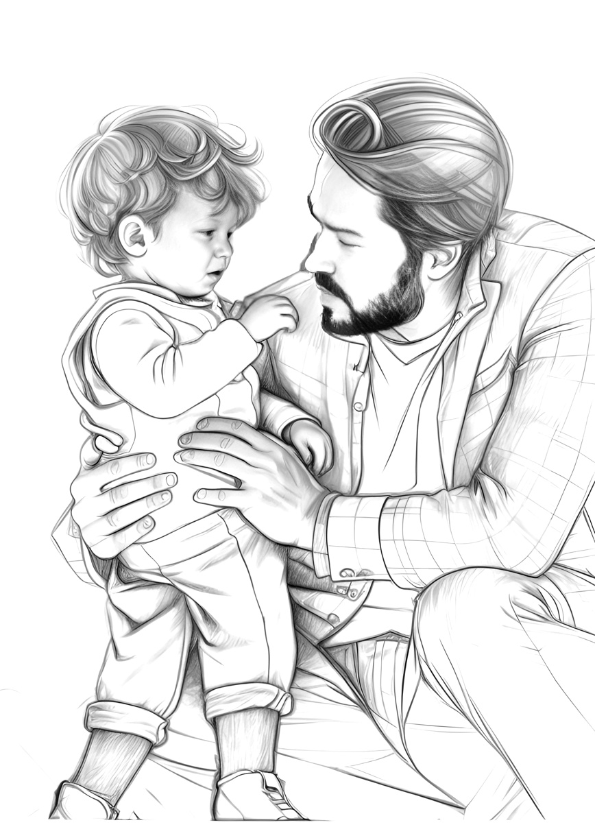 Line sketch drawing of a father and toddler, created from a reference photo by generative AI similar as MidJourney and ChatGPT